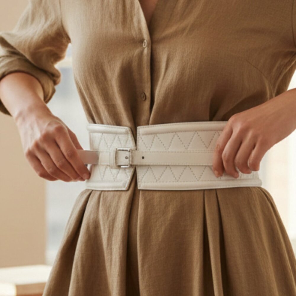 W BY WORTH NEW YORK 3.1/2 " Wide Ivory Designer Waist Belt Size Large